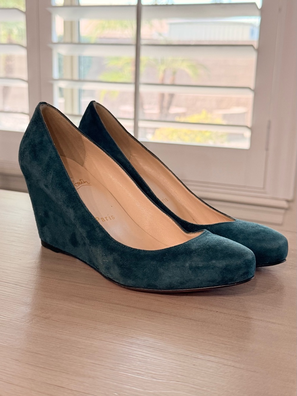 Christian Louboutin Suede Teal Wedge Pumps – EU 38.5